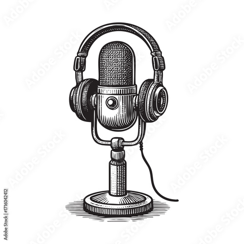 Classic microphone in Detailed Black and White Illustration