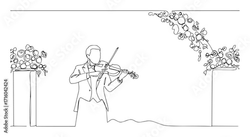 wedding violinist playing under floral arch romantic ceremony thin oneline vector illustration