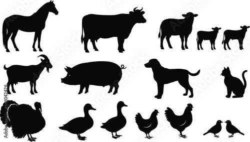Farm animal silhouettes, livestock vector set, domestic creatures, poultry icons, rural pet shapes, black animal clipart, agriculture illustration, barnyard collection