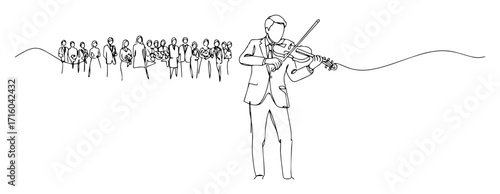 solo violinist leading orchestra performance continuous line drawing vector outline