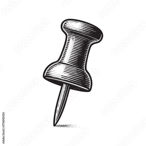 Detailed Engraving Style Illustration of paper pin	in Black and White on White Background