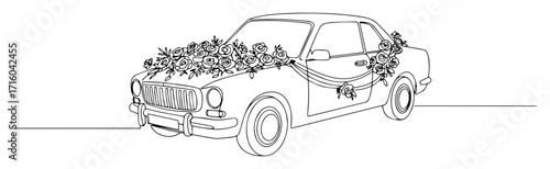 vintage wedding car decorated with flowers monoline thin lineart vector design