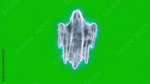 Ethereal ghost with glowing aura floating on a green screen background, perfect for spooky themes.