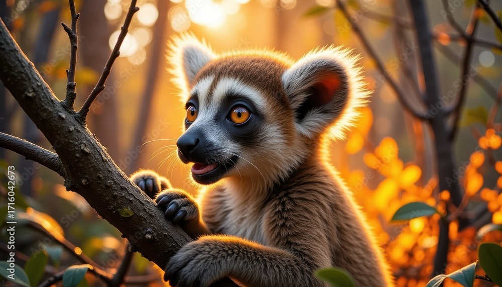 Naklejka premium Curious lemur perched on a branch looking around in a sunlit forest setting showcasing vibrant colors and lively nature background