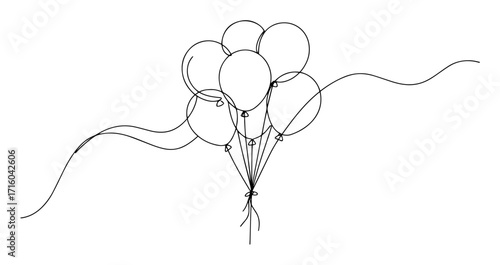 bunch of festive party balloons flying continuous one line drawing vector art lineart illustration