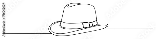 one continuous line drawing of a classic fedora hat men's fashion accessory minimalist retro vector lineart
