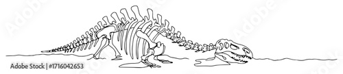 dinosaur plesiosaur skeleton fossil in ground one continuous line drawing vector archeology sketch