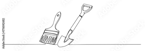 archeological tools shovel and brush continuous one line drawing vector equipment for excavation sketch