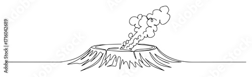single one line drawing of an erupting volcano with smoke and ash prehistoric disaster concept vector design