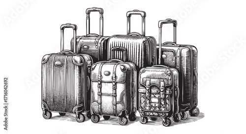 luggage sketch engraving generative ai vector illustration. Scratch board imitation. Black and white image.