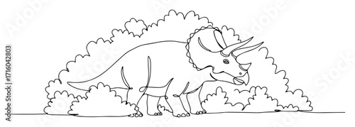triceratops browsing prehistoric jungle thin line scene handdrawn contour illustration vector