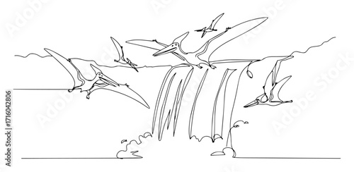 pterodactyl dinosaurs flying over waterfall continuous one line drawing vector landscape sketch