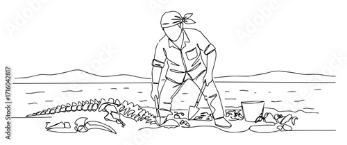 field paleontologist excavating dinosaur bones thin linear archaeology dig sketch vector linework