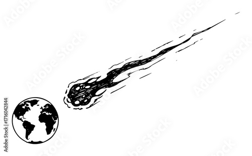 catastrophic asteroid hurtling toward earth dramatic space impact scene minimalist line art vector