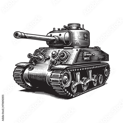 Tank Hand drawn vintage vector. Black and white.