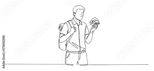 adventurer inspecting ancient artifact monoline vector lineart