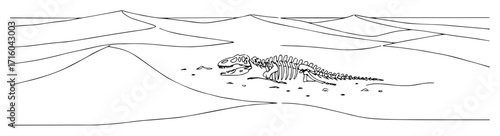 desert dunes scene with exposed reptile skeleton bones monoline oneline thin vector outline