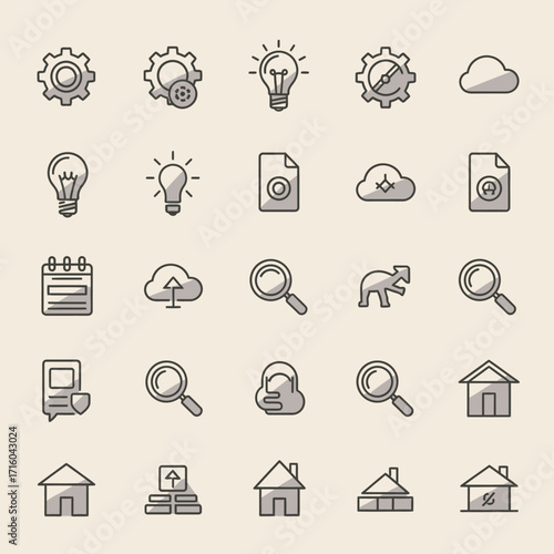Collection of various business and technology icons, arranged in a grid pattern on a light background.