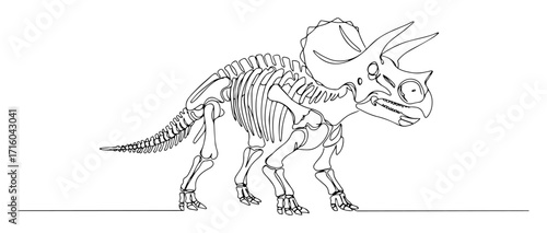 triceratops fossilised skeleton side view detailed thin stroke illustration vector
