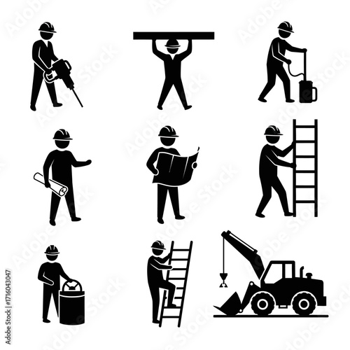 Black and white vector icons showing construction workers using tools, lifting beams, climbing ladders, and operating machinery.