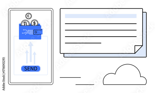 Digital wallet screen with coins and send button, document outline, cloud. Ideal for finance, technology, payments, transactions, communication cloud services mobile apps. Simple flat metaphor