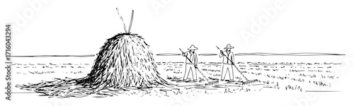 farmers making haystack in the field vintage rural landscape hand drawn vector sketch illustration