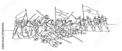 knights charging into battle medieval warfare vector monoline lineart