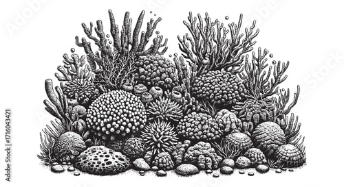 Detailed Vector Illustration Reef landscape drawn in an engraved style sketch engraving generative ai raster. Scratch board. Black and white image.