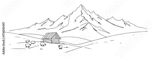 alpine landscape with shepherd cottage and flock monoline vector sketch