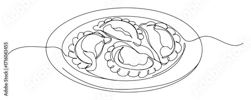 polish pierogi dumplings on plate top view continuous line monoline vector outline
