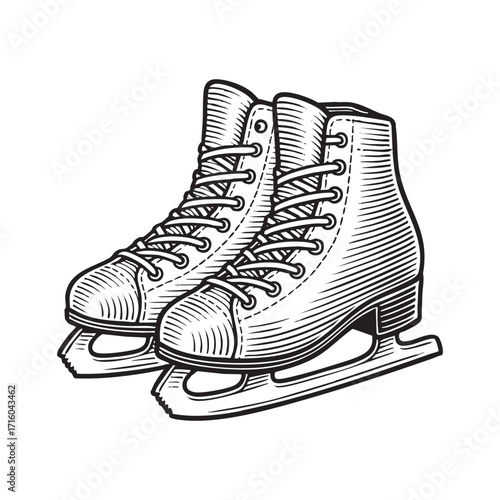 Engraved Illustration of Ice skating shoe ink sketch. Vector isolated on transparent background.
