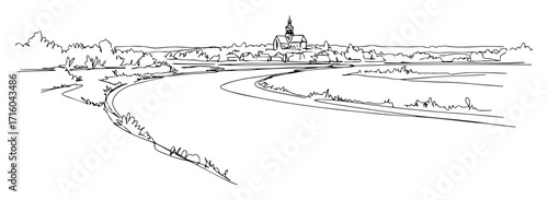 meandering river landscape with distant town skyline serene outline sketch vector