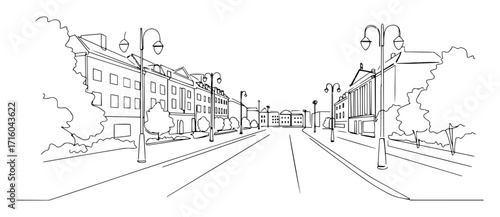 one continuous line drawing of a historic european city street in perspective old town urban landscape vector lineart