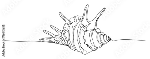 spiky murex seashell on the beach continuous one line drawing vector art