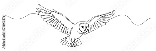owl flying with wings spread wide monoline thin lineart vector illustration