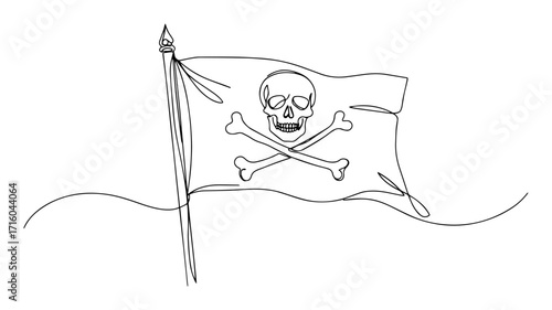 Pirate jolly roger flag waving – continuous line art vector