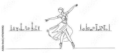 ballet dancer performing on stage with candles monoline thin lineart vector design