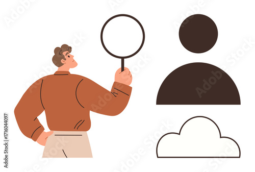 Man holding magnifying glass examining abstract profile icon and cloud shape. Ideal for identity search, personal growth, career analysis, information gathering, cloud technology, conceptual