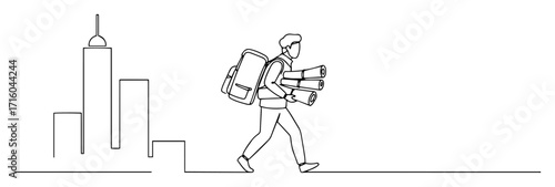 food delivery man courier walking in city continuous one line drawing vector art illustration