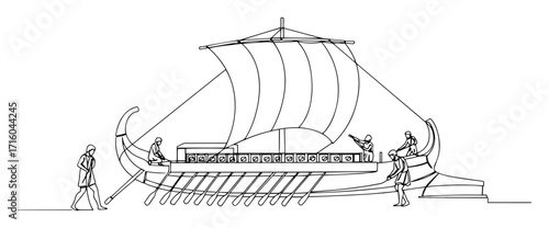 one continuous line drawing of an ancient greek trireme or roman galley ship historical naval warfare concept vector illustration