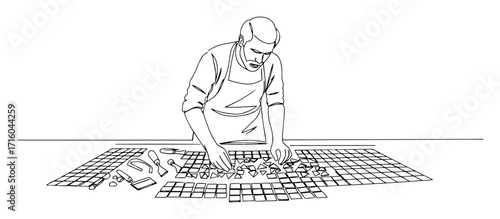 mosaic artist craftsman creating art from broken tiles continuous one line drawing vector sketch