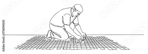 tiler construction worker laying floor tiles at home renovation continuous one line drawing vector lineart