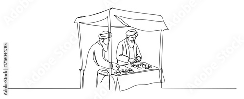 arab men vendors at traditional street market stall souk continuous one line drawing vector sketch illustration