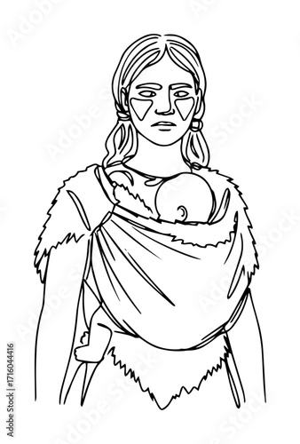 prehistoric woman carrying baby in sling monoline thin lineart vector design