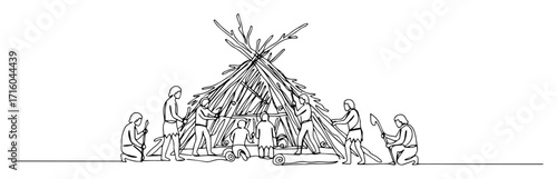 tribal shelter construction scene by prehistoric community monoline vector lineart