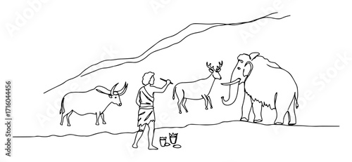 hunter feeding mammoth and antelope monoline vector lineart handmade
