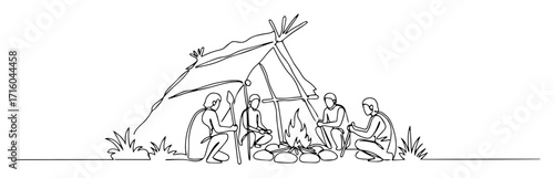 campfire gathering under makeshift canopy monoline lineart vector