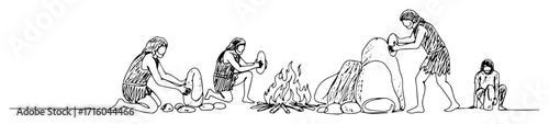 cavemen preparing meal over open fire monoline vector sketch