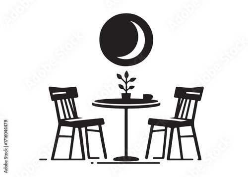two chairs and table logo silhouette vector, table with chairs silhouette vector illustration, romantic dinner table silhouettes, table with umbrella and two chairs logo silhouettes vector 