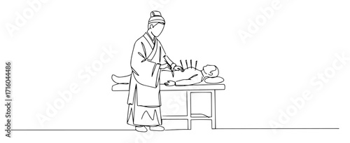 ancient healer setting fractured bone on patient table monoline vector lineart